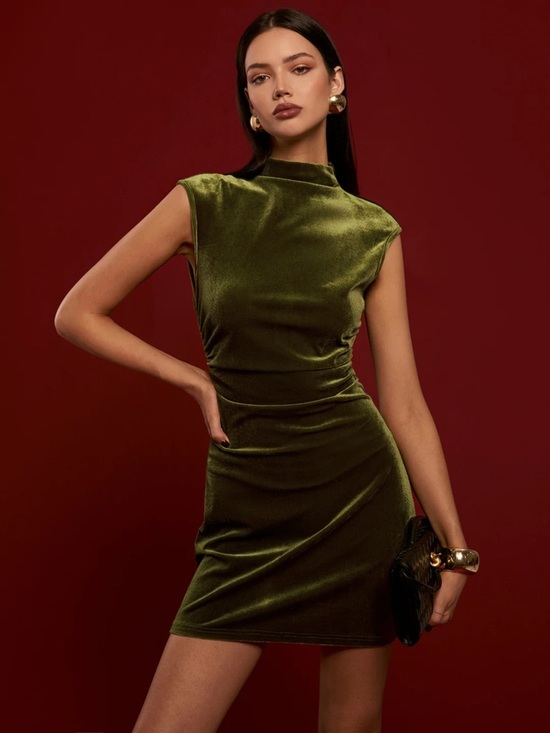 Commense Dresses & Skirts - Commense Olive Green Velvet Mock-Neck Mini Dress